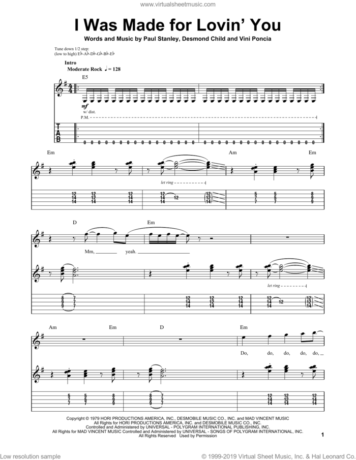 I Was Made For Lovin' You sheet music for guitar (tablature, play-along) by KISS, intermediate skill level