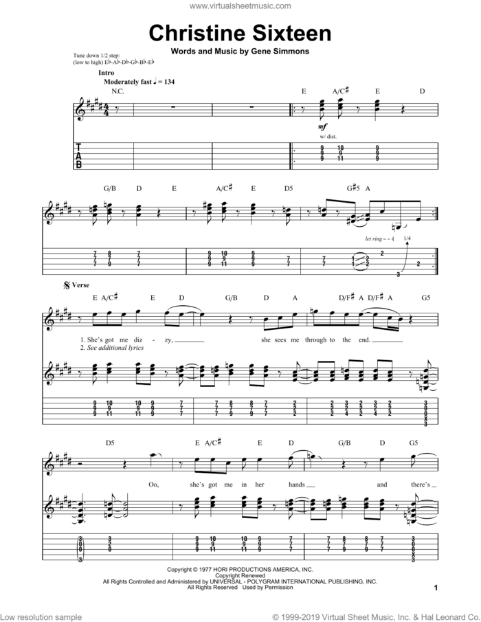 Christine Sixteen sheet music for guitar (tablature, play-along) by KISS, intermediate skill level