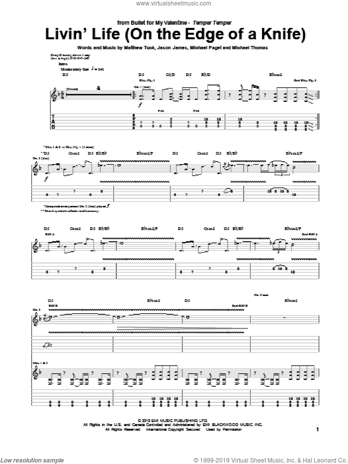 Livin' Life (On The Edge Of A Knife) sheet music for guitar (tablature) by Bullet For My Valentine, intermediate skill level