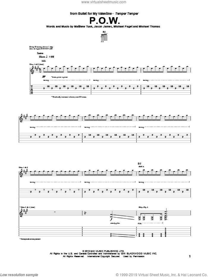 P.O.W. sheet music for guitar (tablature) by Bullet For My Valentine, intermediate skill level
