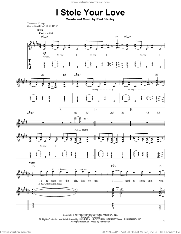 I Stole Your Love sheet music for guitar (tablature, play-along) by KISS, intermediate skill level