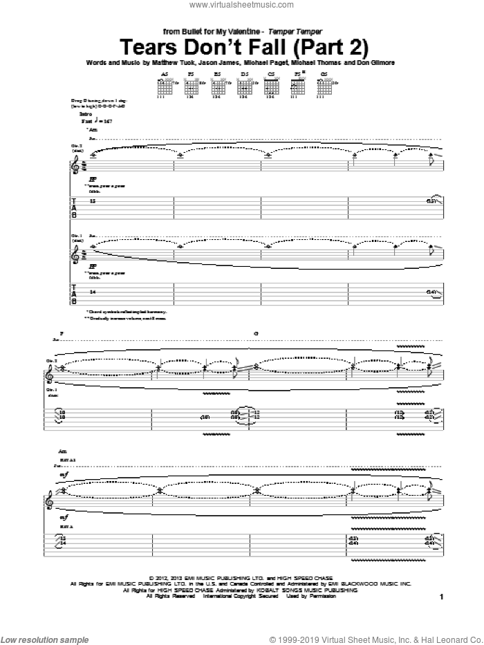 Tears Don't Fall (Part 2) sheet music for guitar (tablature) by Bullet For My Valentine, intermediate skill level