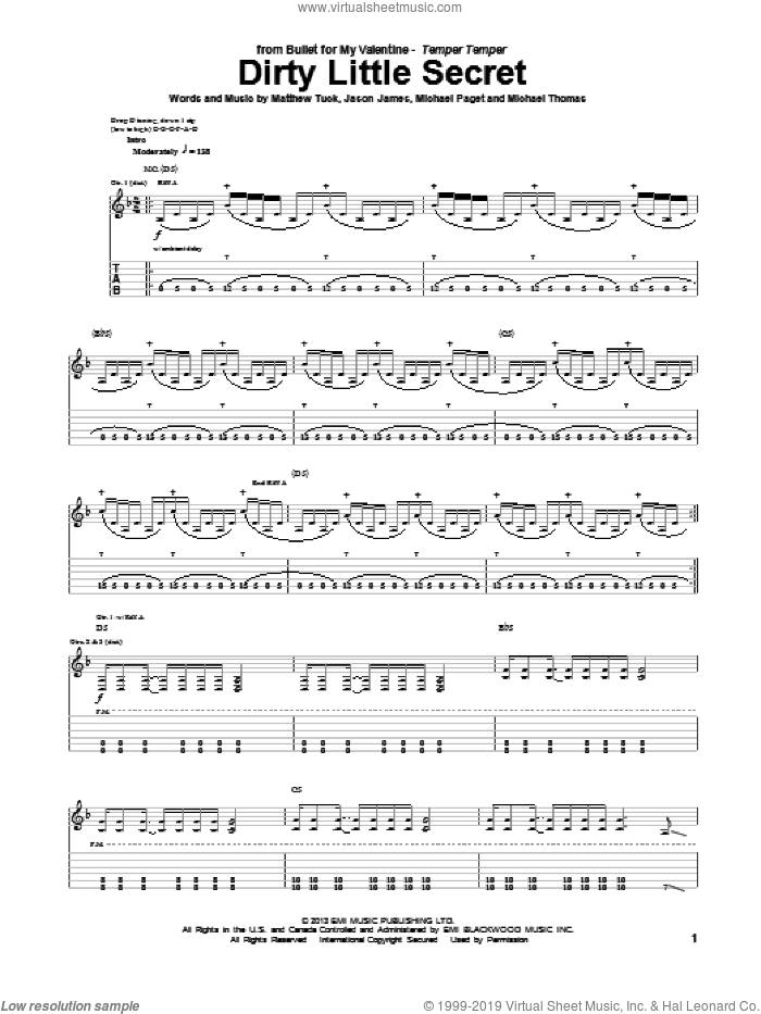 Dirty Little Secret sheet music for guitar (tablature) by Bullet For My Valentine, intermediate skill level