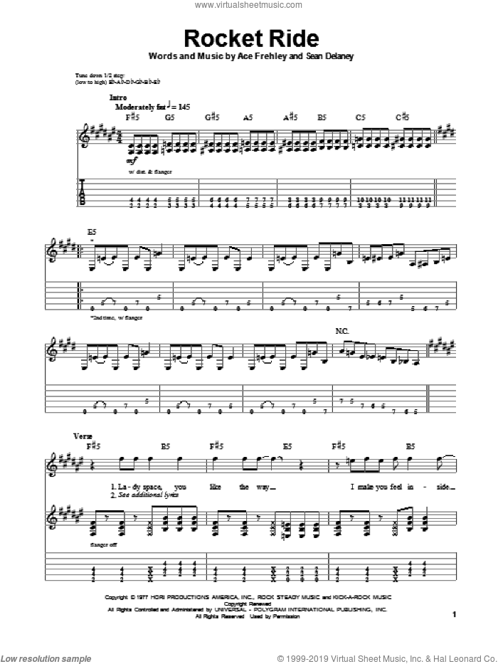 Rocket Ride sheet music for guitar (tablature, play-along) by KISS, intermediate skill level