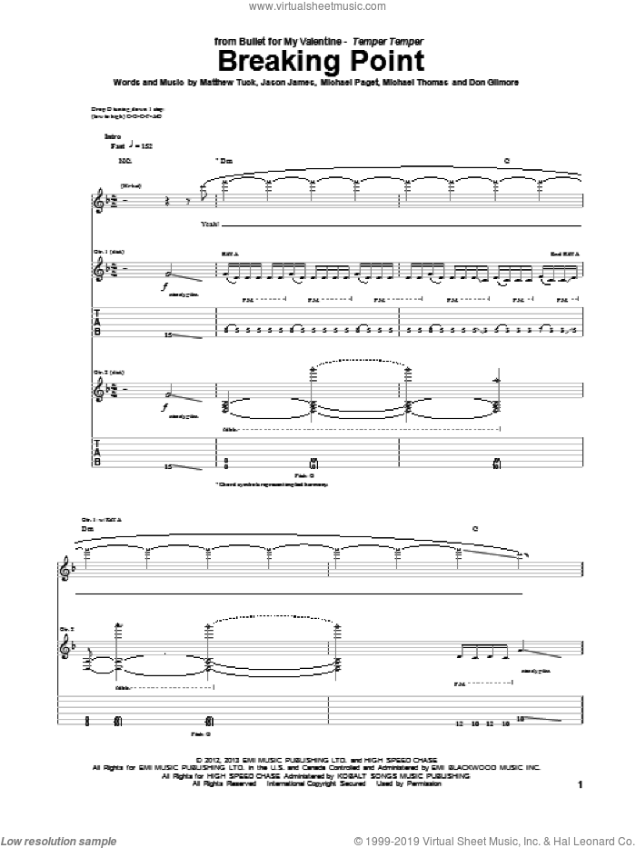 Breaking Point sheet music for guitar (tablature) by Bullet For My Valentine, intermediate skill level
