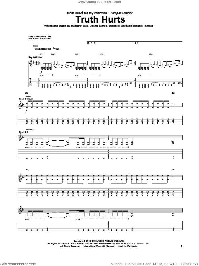 Truth Hurts sheet music for guitar (tablature) by Bullet For My Valentine, intermediate skill level