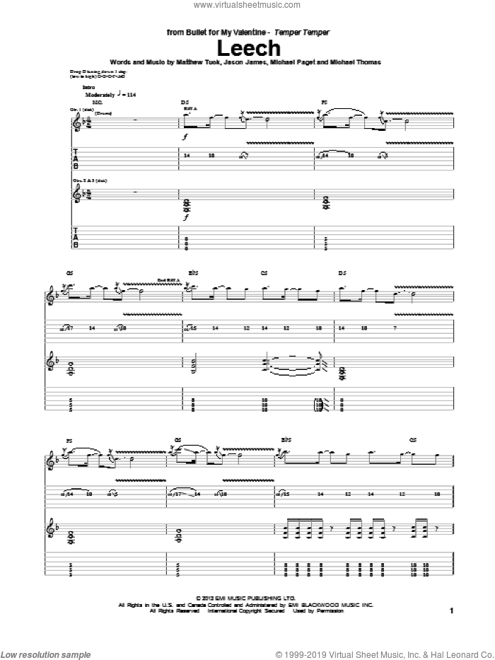 Leech sheet music for guitar (tablature) by Bullet For My Valentine, intermediate skill level