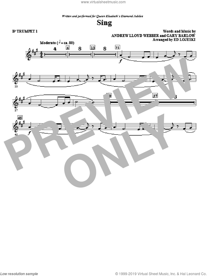 Sing (Queen Elizabeth Diamond Jubilee) (complete set of parts) sheet music for orchestra/band by Andrew Lloyd Webber, Ed Lojeski and Gary Barlow, intermediate skill level