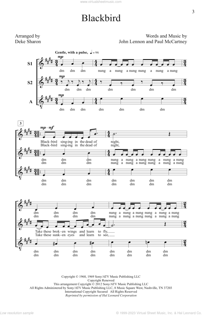 Blackbird (arr. Deke Sharon) sheet music for choir (SSA: soprano, alto) by The Beatles, Deke Sharon, John Lennon and Paul McCartney, intermediate skill level