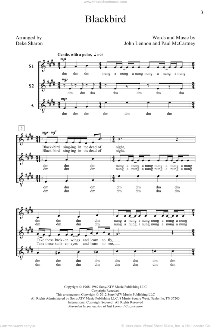 Blackbird (arr. Deke Sharon) sheet music for choir (SSA: soprano, alto) by The Beatles, Deke Sharon, John Lennon and Paul McCartney, intermediate skill level