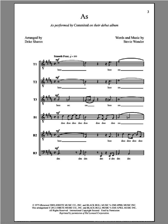 As (arr. Deke Sharon) sheet music for choir (TTTBBB) by Stevie Wonder and Deke Sharon, intermediate skill level