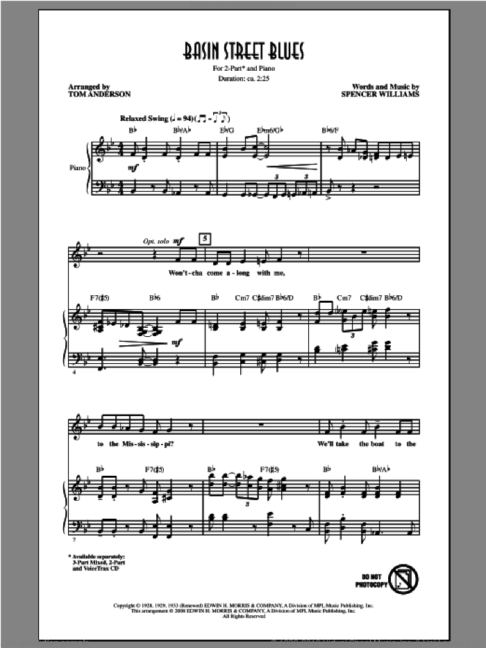 Basin Street Blues (arr. Tom Anderson) sheet music for choir (2-Part) by Louis Armstrong, Spencer Williams and Tom Anderson, intermediate duet