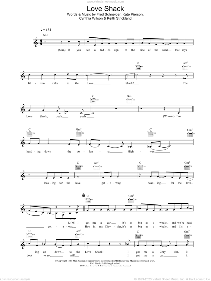 Love Shack sheet music for voice and other instruments (fake book) by The B-52's, Cynthia Wilson, Fred Schneider, Kate Pierson and Keith Strickland, intermediate skill level