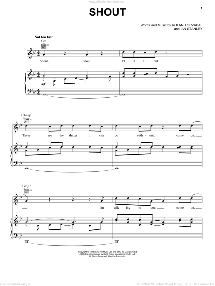 Shout sheet music for voice, piano or guitar by Tears For Fears, Disturbed, Ian Stanley and Roland Orzabal, intermediate skill level