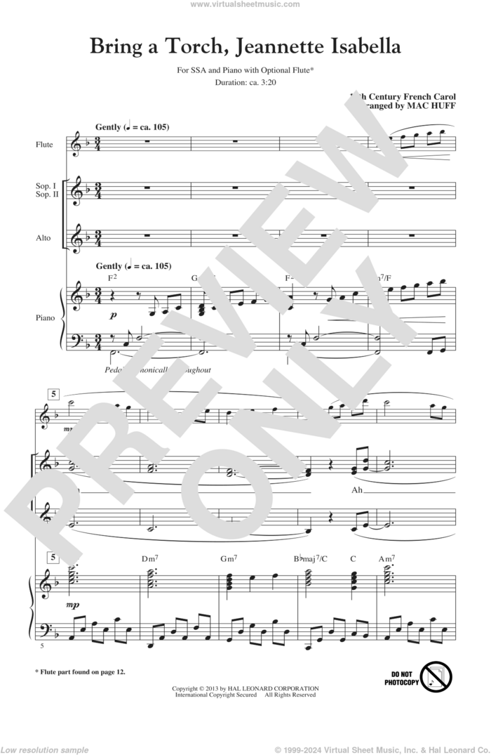 Bring A Torch, Jeannette, Isabella sheet music for choir (SSA: soprano, alto) by Mac Huff, classical score, intermediate skill level