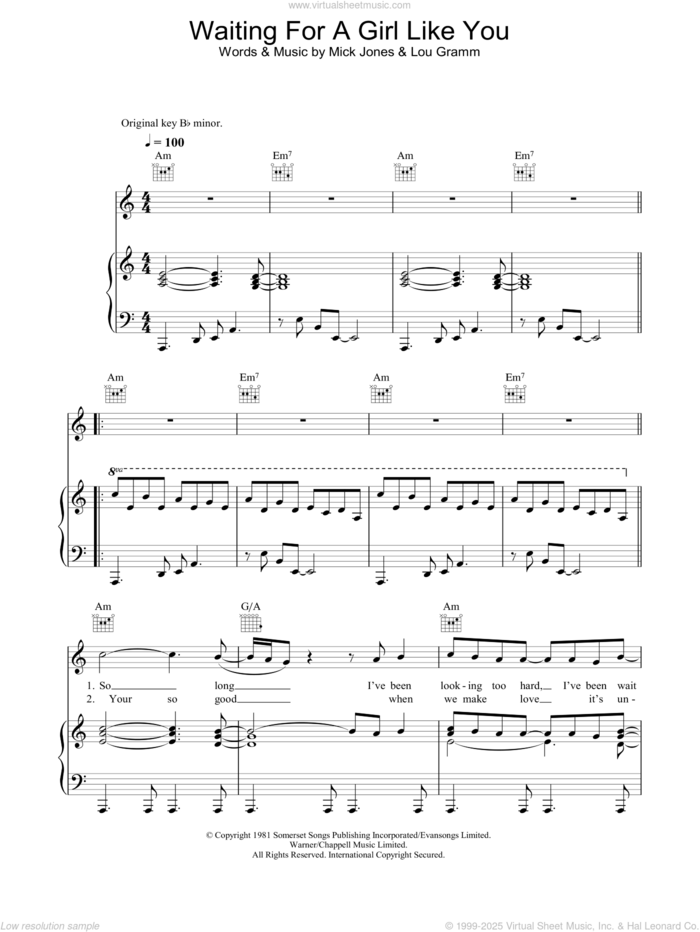 Waiting For A Girl Like You sheet music for voice, piano or guitar by Foreigner, Lou Gramm and Mick Jones, intermediate skill level