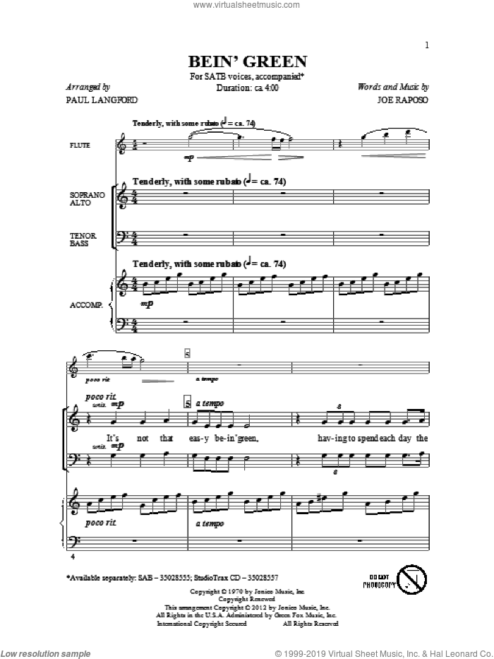 Bein' Green sheet music for choir (SATB: soprano, alto, tenor, bass) by Paul Langford, intermediate skill level