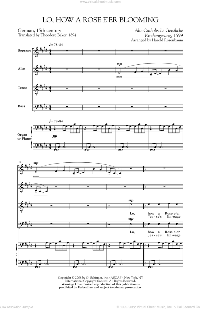 Lo, How A Rose E'er Blooming sheet music for choir (SATB: soprano, alto, tenor, bass) by Harold Rosenbaum, intermediate skill level