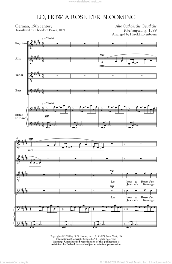 Lo, How A Rose E'er Blooming sheet music for choir (SATB: soprano, alto, tenor, bass) by Harold Rosenbaum, intermediate skill level