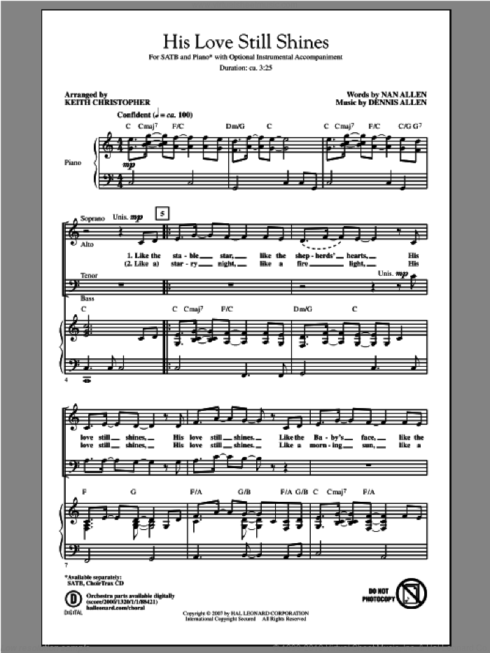His Love Still Shines sheet music for choir (SATB: soprano, alto, tenor, bass) by Dennis Allen, Nan Allen and Keith Christopher, intermediate skill level