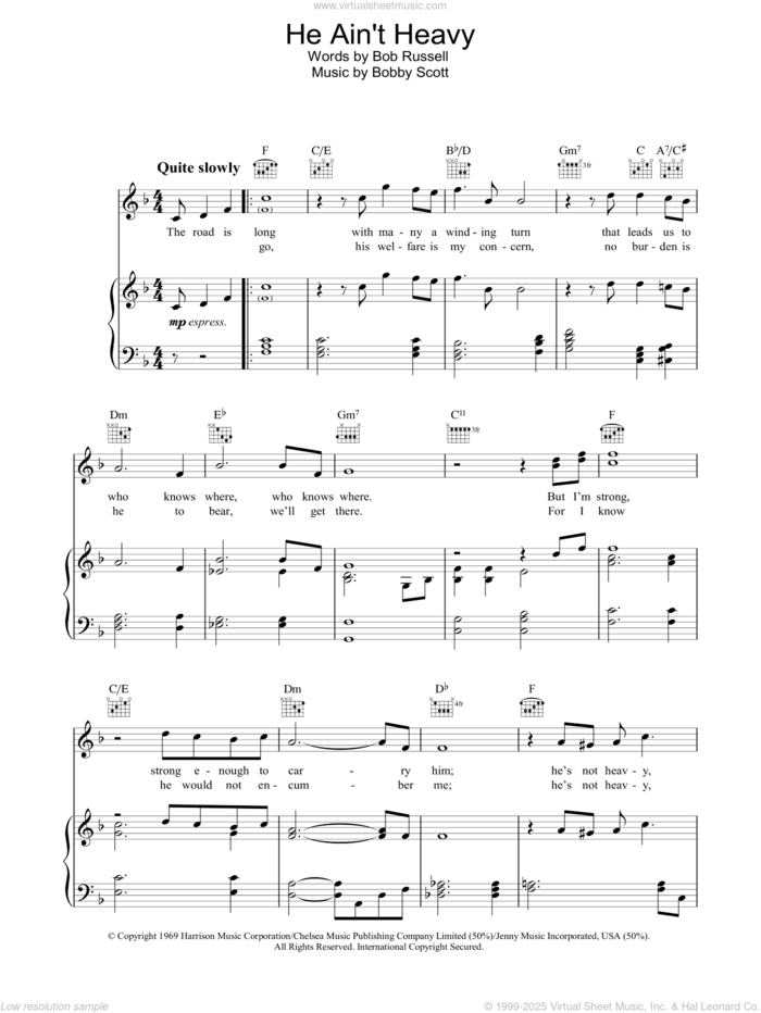 He Ain't Heavy, He's My Brother sheet music for voice, piano or guitar by The Choirboys, Neil Diamond, The Hollies, Bob Russell and Bobby Scott, intermediate skill level