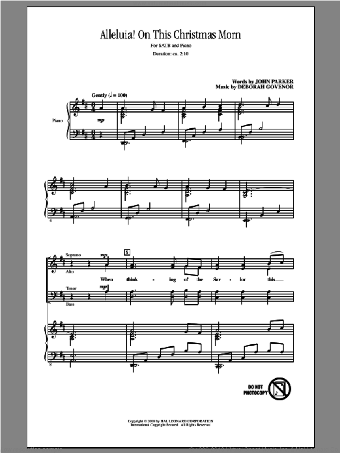 Alleluia! On This Christmas Morn sheet music for choir (SATB: soprano, alto, tenor, bass) by John Parker and Deborah Govenor, intermediate skill level
