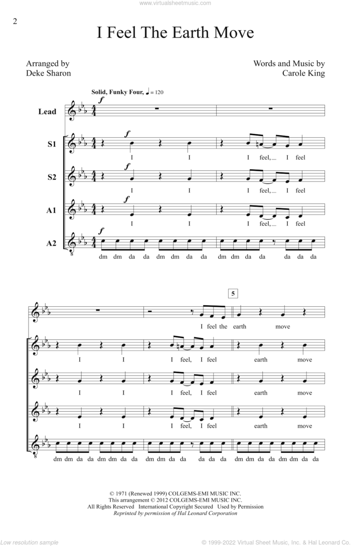 I Feel The Earth Move sheet music for choir (SSAA: soprano, alto) by Carole King and Deke Sharon, intermediate skill level