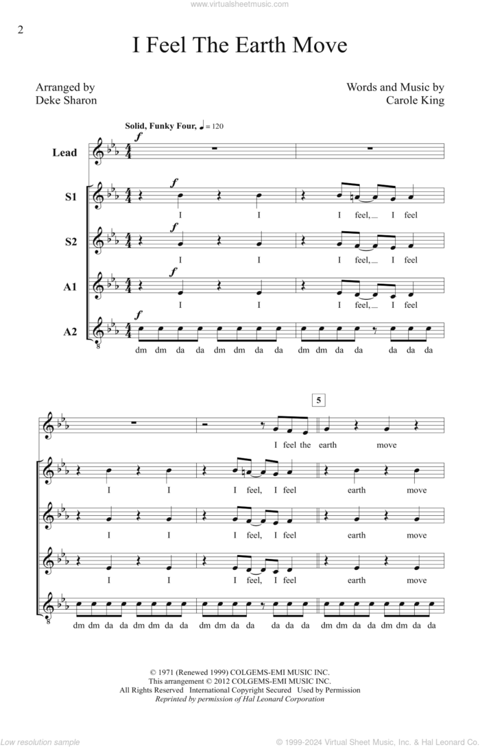 I Feel The Earth Move sheet music for choir (SSAA: soprano, alto) by Carole King and Deke Sharon, intermediate skill level