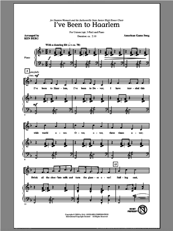 I've Been To Haarlem sheet music for choir (Unison/Optional 3-Part) by Ken Berg, intermediate skill level