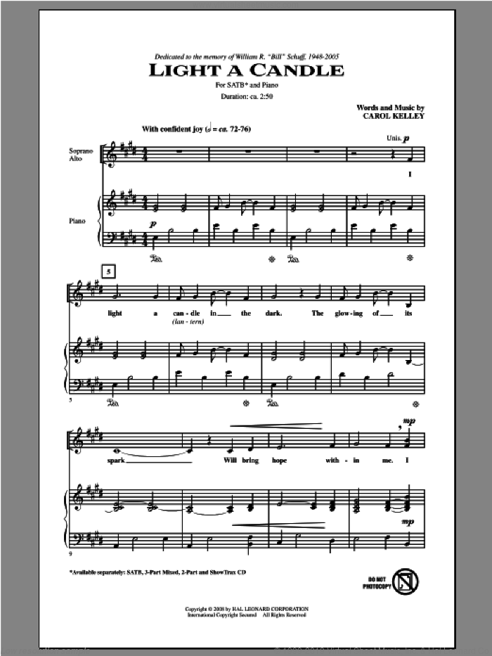 Light A Candle sheet music for choir (SATB: soprano, alto, tenor, bass) by Carol Kelley, intermediate skill level