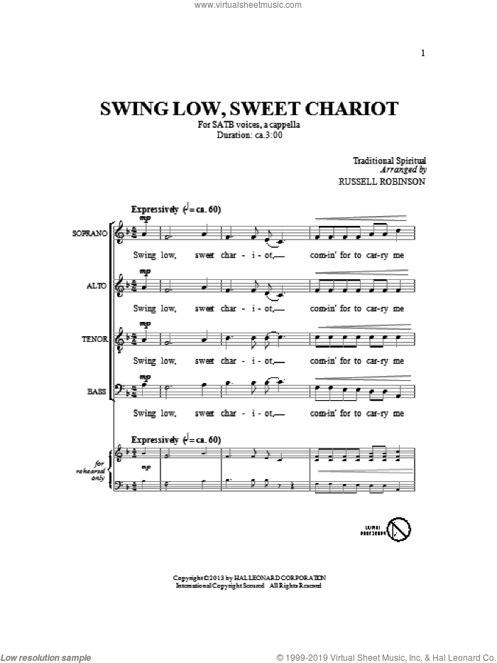 Swing Low, Sweet Chariot sheet music for choir (SATB: soprano, alto, tenor, bass) by Russell Robinson, intermediate skill level