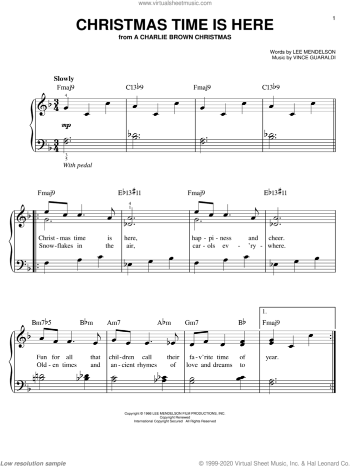 Christmas Time Is Here, (beginner) sheet music for piano solo by Vince Guaraldi and Lee Mendelson, beginner skill level