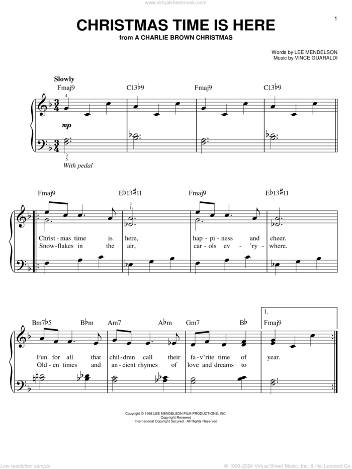 Christmas Time Is Here, (beginner) sheet music for piano solo by Vince Guaraldi and Lee Mendelson, beginner skill level