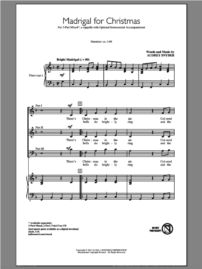 Madrigal For Christmas sheet music for choir (3-Part Mixed) by Audrey Snyder, intermediate skill level
