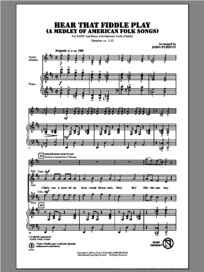 Hear That Fiddle Play (A Medley of American Folk Songs) sheet music for choir (SATB: soprano, alto, tenor, bass) by John Purifoy, intermediate skill level