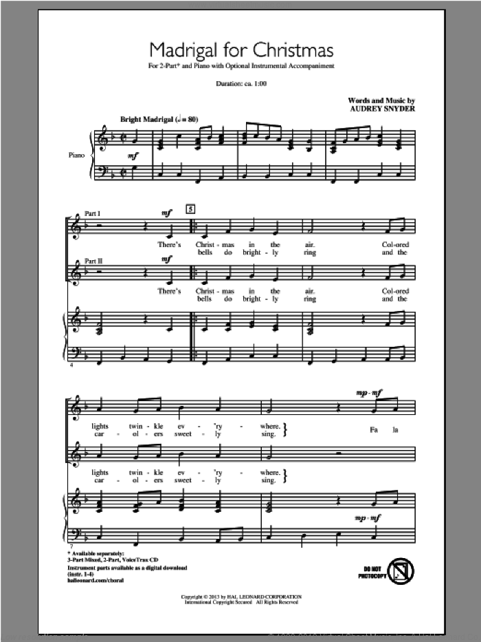 Madrigal For Christmas sheet music for choir (2-Part) by Audrey Snyder, intermediate duet
