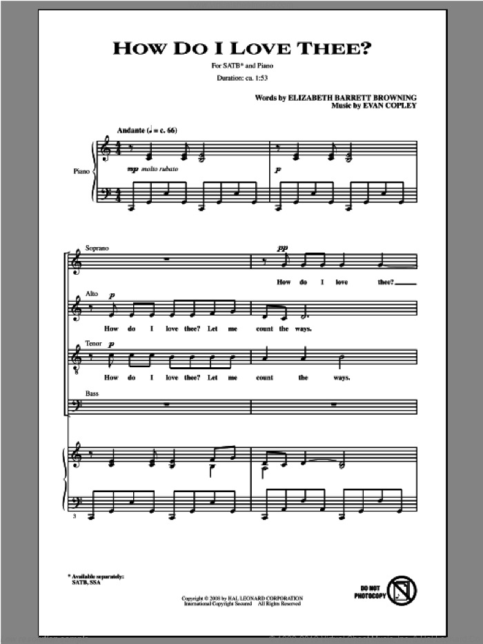 How Do I Love Thee? sheet music for choir (SATB: soprano, alto, tenor, bass) by Evan Copley, intermediate skill level