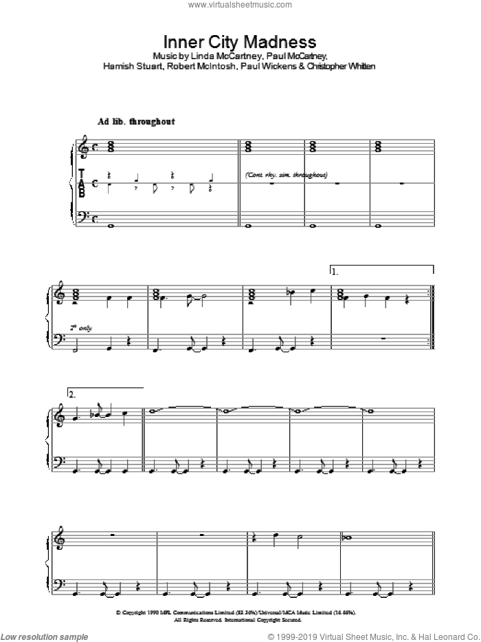 Inner City Madness sheet music for voice, piano or guitar by Linda McCartney, Christopher Whitten, Hamish Stuart, Paul McCartney, Paul Wickens and Robbie McIntosh, intermediate skill level