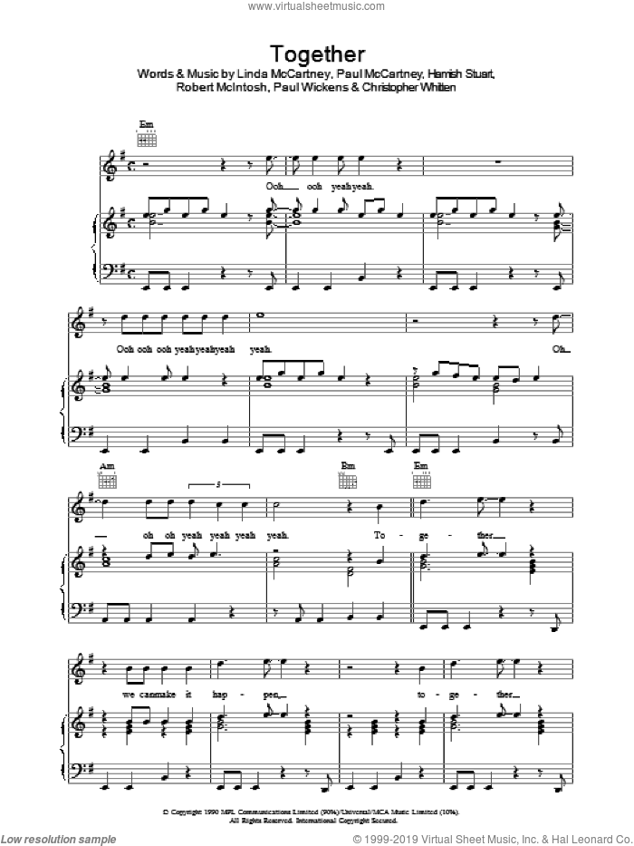 Together sheet music for voice, piano or guitar by Paul McCartney, Christopher Whitten, Hamish Stuart, Linda McCartney, Paul Wickens and Robbie McIntosh, intermediate skill level