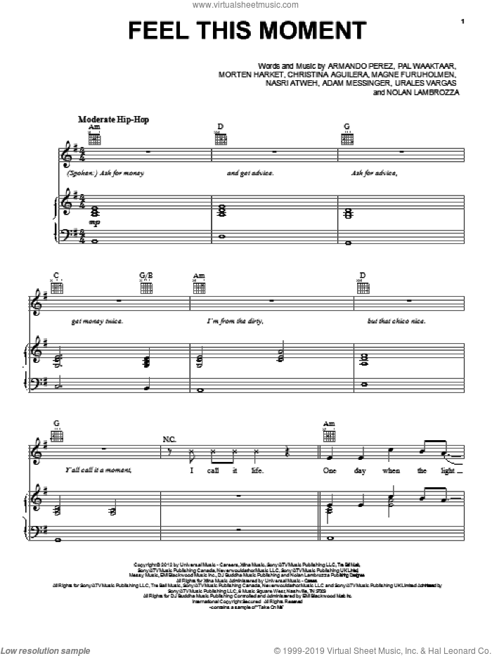 Feel This Moment sheet music for voice, piano or guitar by Pitbull, intermediate skill level