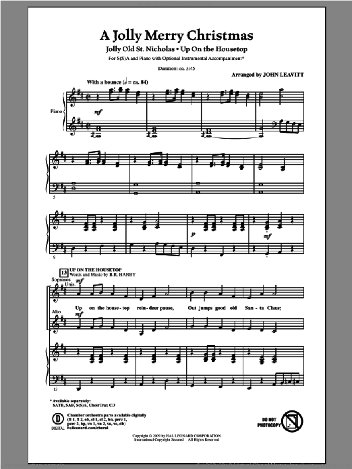 A Jolly Merry Christmas sheet music for choir (SSA: soprano, alto) by John Leavitt, intermediate skill level