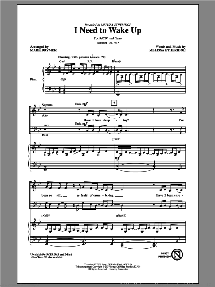 I Need To Wake Up sheet music for choir (SATB: soprano, alto, tenor, bass) by Mark Brymer and Melissa Etheridge, intermediate skill level