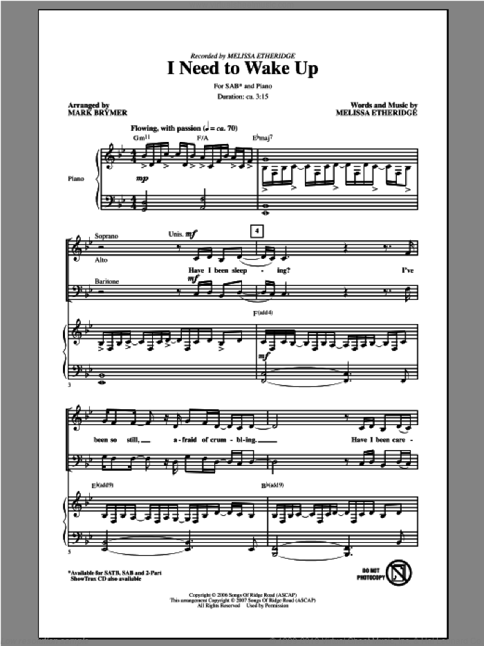 I Need To Wake Up sheet music for choir (SAB: soprano, alto, bass) by Mark Brymer and Melissa Etheridge, intermediate skill level