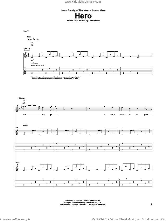 Hero sheet music for guitar (tablature) by Family Of The Year and Joe Keefe, intermediate skill level