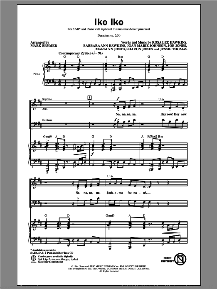 Iko Iko sheet music for choir (SAB: soprano, alto, bass) by Mark Brymer and Dr. John, intermediate skill level