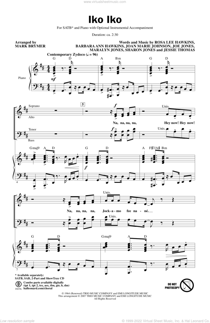 Iko Iko sheet music for choir (SATB: soprano, alto, tenor, bass) by Mark Brymer, intermediate skill level