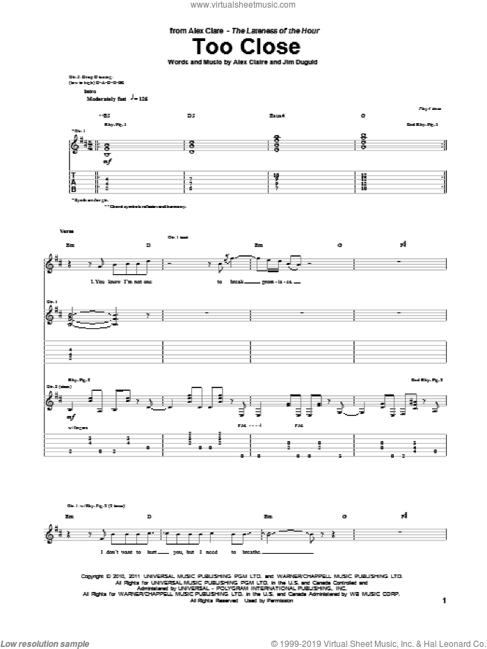 Too Close sheet music for guitar (tablature) by Alex Clare and Alex Claire, intermediate skill level