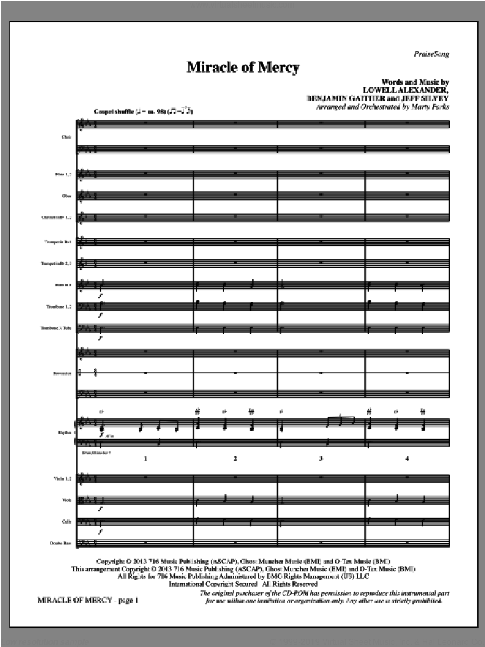 Miracle of Mercy (COMPLETE) sheet music for orchestra/band by Lowell Alexander, Benjamin Gaither and Jeff Silvey, intermediate skill level