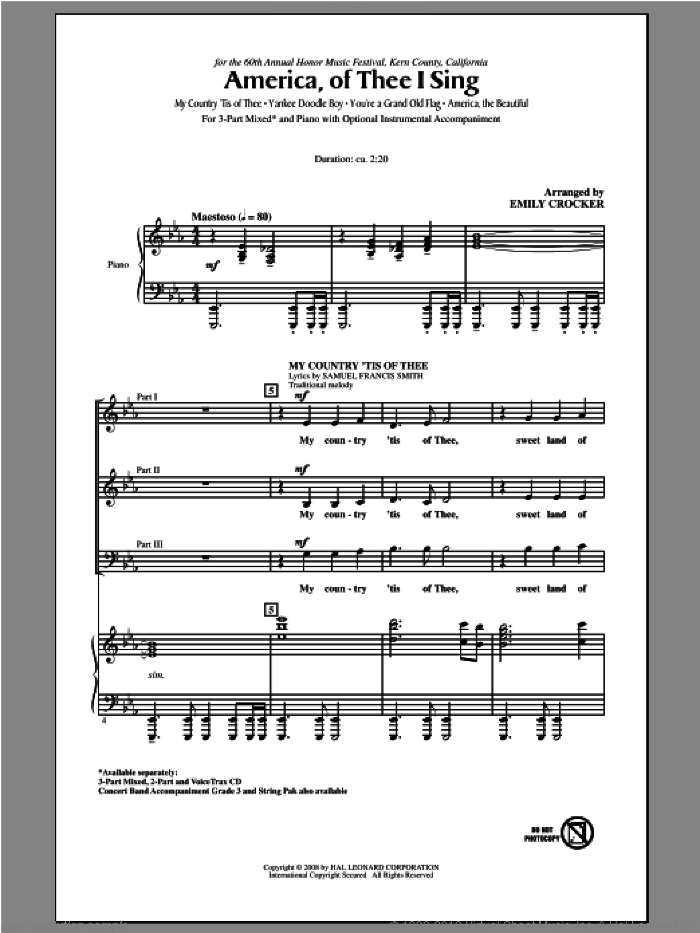 America, Of Thee I Sing sheet music for choir (3-Part Mixed) by Emily Crocker, Katherine Lee Bates and Samuel Augustus Ward, intermediate skill level