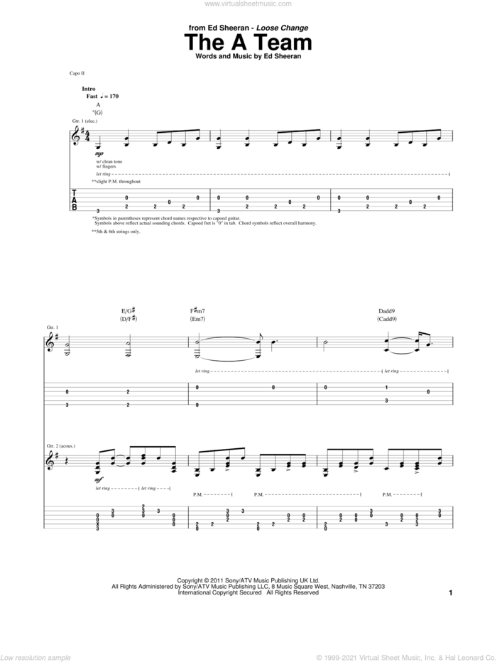 The A Team sheet music for guitar (tablature) by Ed Sheeran, intermediate skill level